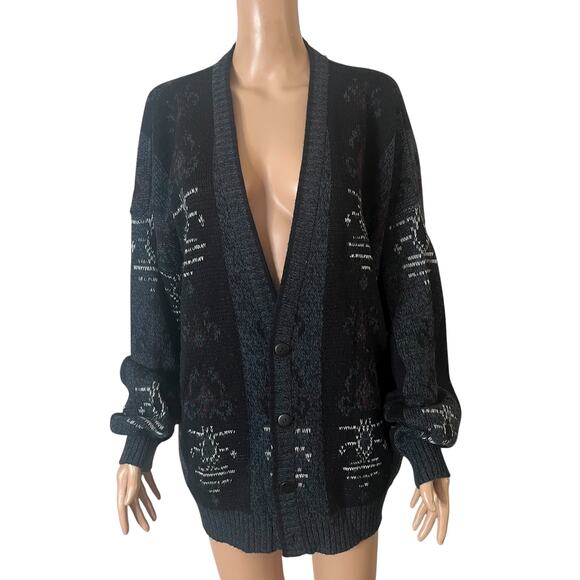 Vintage Expressions Cardigan Sweater Unisex XL Black Gray Knit Acrylic Oversized - Picture 2 of 15